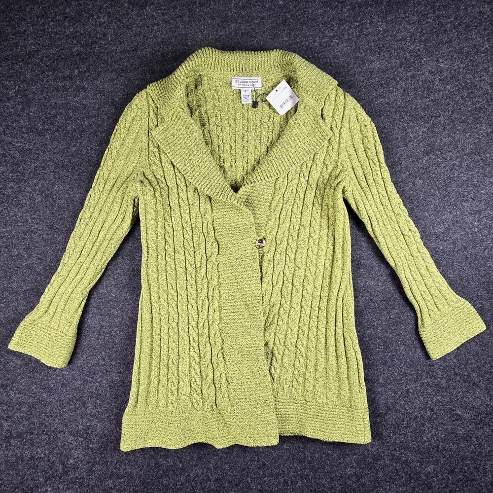 NWT St. John Sport Marie Gray Women's Lime Cable Knit Cardigan Sweater Size P